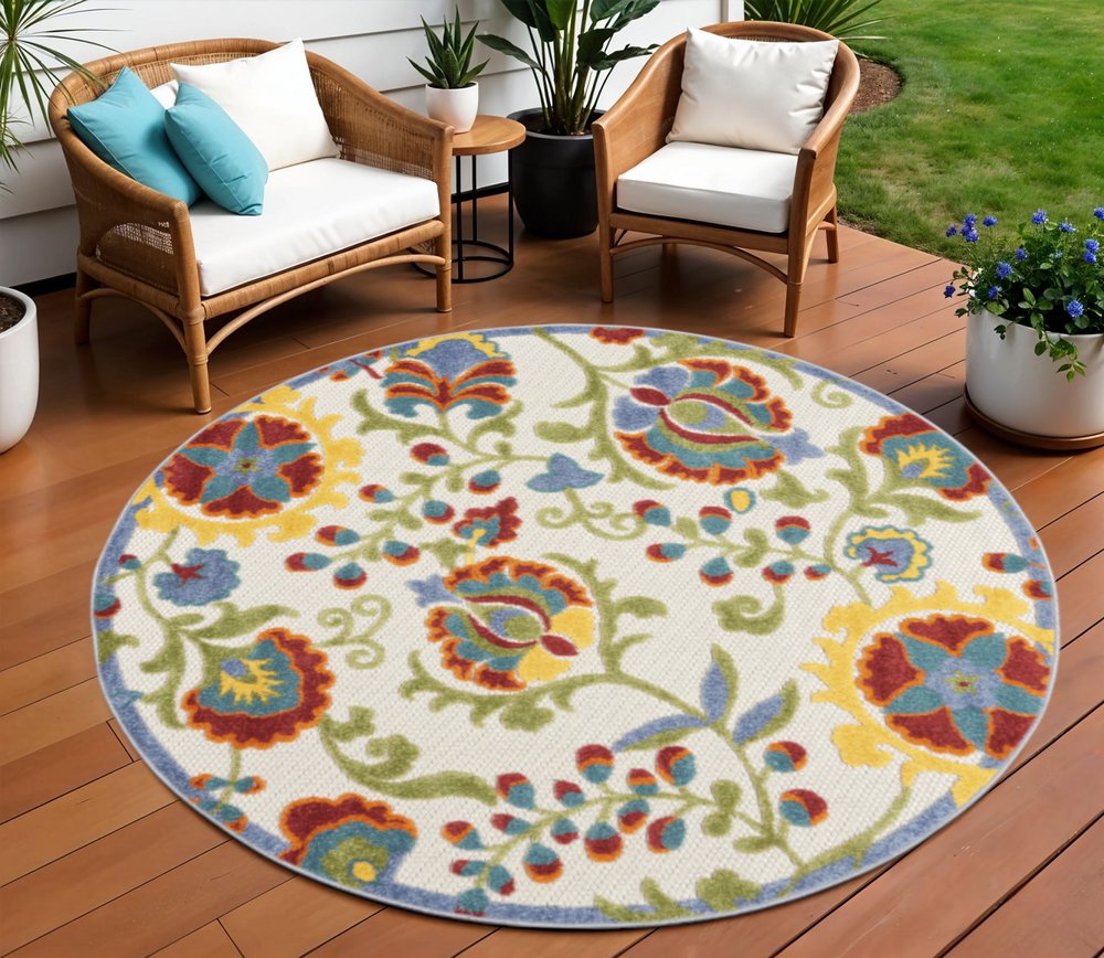 8' Ivory Green Red And Yellow Round Floral Indoor Outdoor Area Rug — view 4