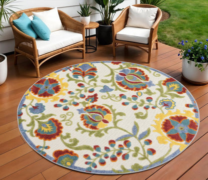 8' Ivory Green Red And Yellow Round Floral Indoor Outdoor Area Rug HomeRoots