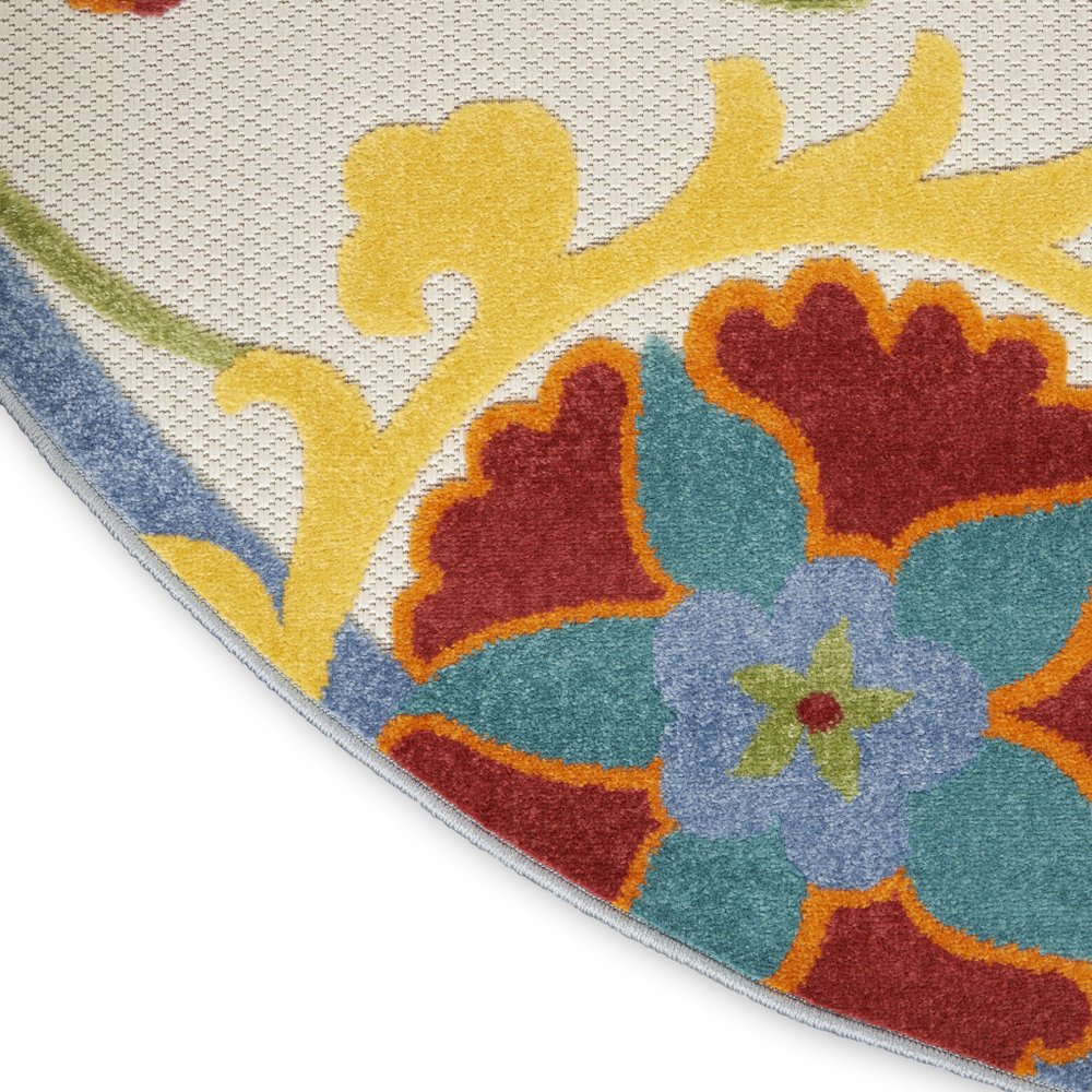 8' Ivory Green Red And Yellow Round Floral Indoor Outdoor Area Rug — view 6