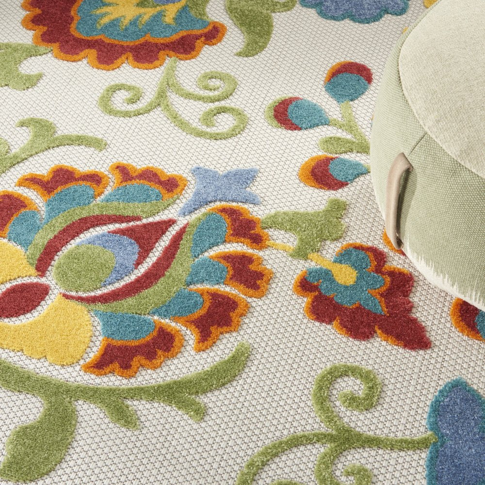 8' Ivory Green Red And Yellow Round Floral Indoor Outdoor Area Rug — view 7