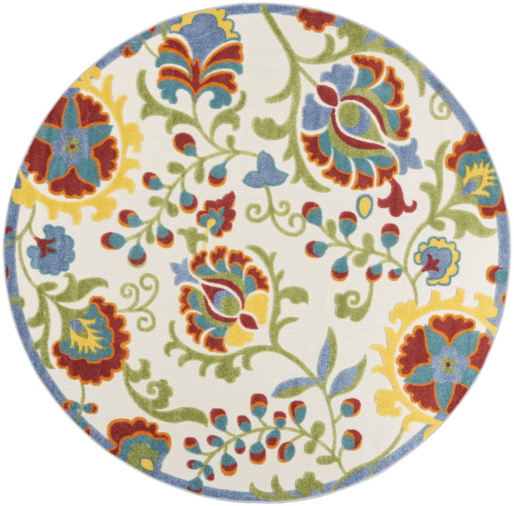 8' Ivory Green Red And Yellow Round Floral Indoor Outdoor Area Rug HomeRoots