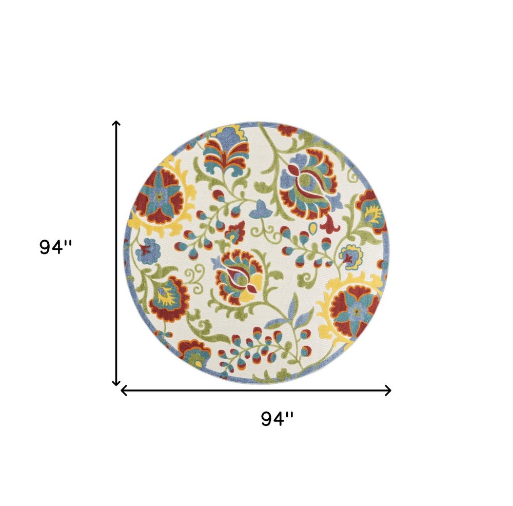 8' Ivory Green Red And Yellow Round Floral Indoor Outdoor Area Rug HomeRoots