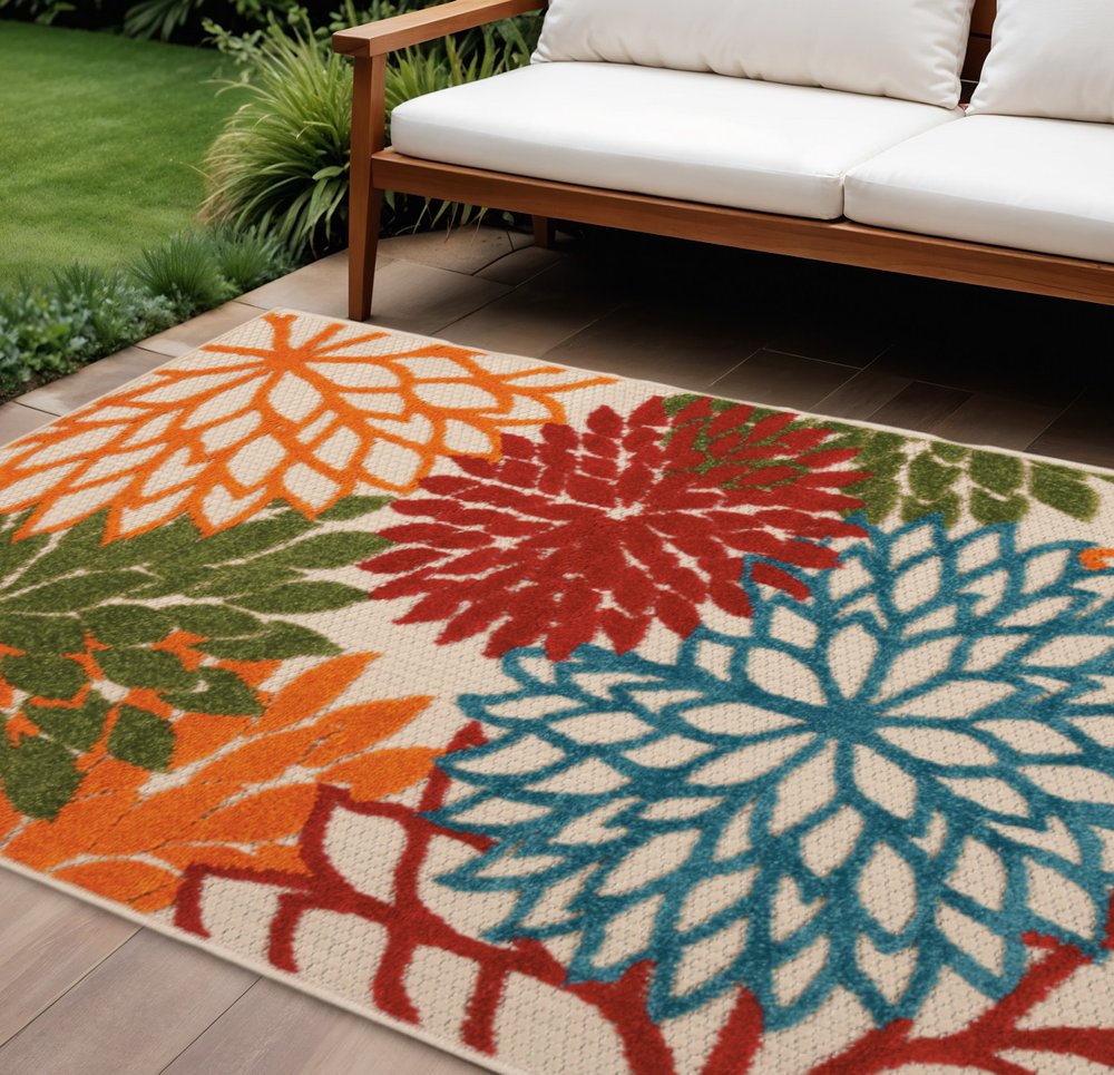 6' X 9' Ivory Yellow Orange Green And Blue Floral Indoor Outdoor Area Rug HomeRoots