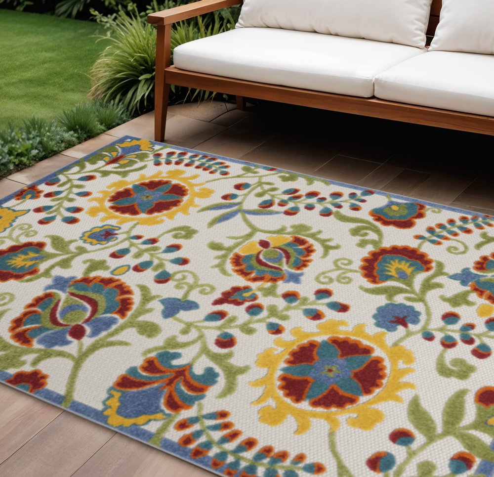 6' X 9' Ivory Green Red And Yellow Floral Indoor Outdoor Area Rug — view 4