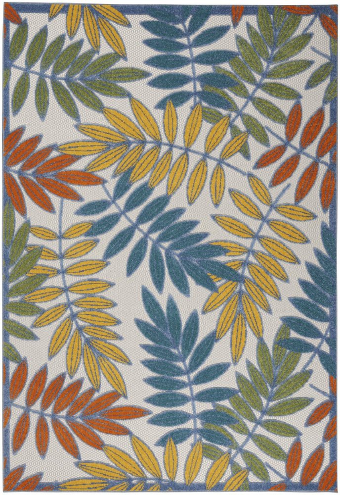 6' X 9' Ivory Blue Orange And Green Botanical Leaves Indoor Outdoor Area Rug HomeRoots