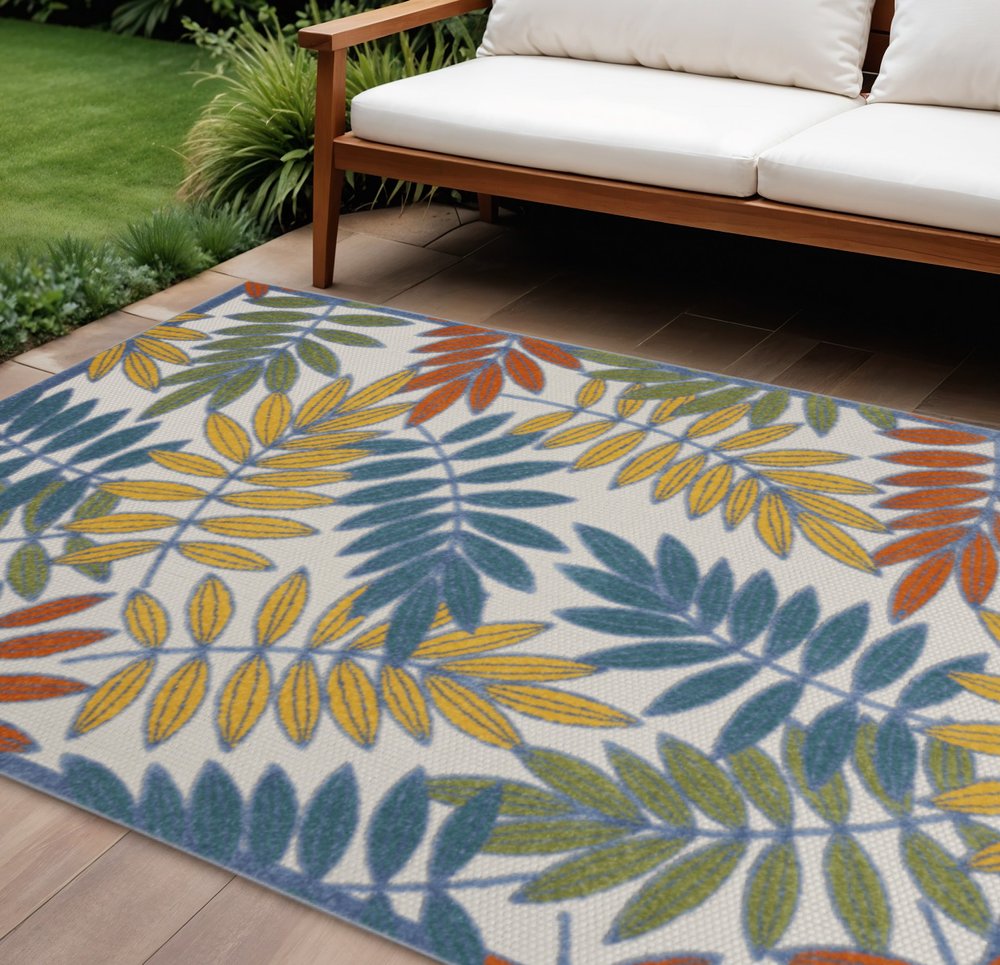 6' X 9' Ivory Blue Orange And Green Botanical Leaves Indoor Outdoor Area Rug HomeRoots