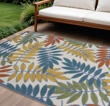 6' X 9' Ivory Blue Orange And Green Botanical Leaves Indoor Outdoor Area Rug HomeRoots