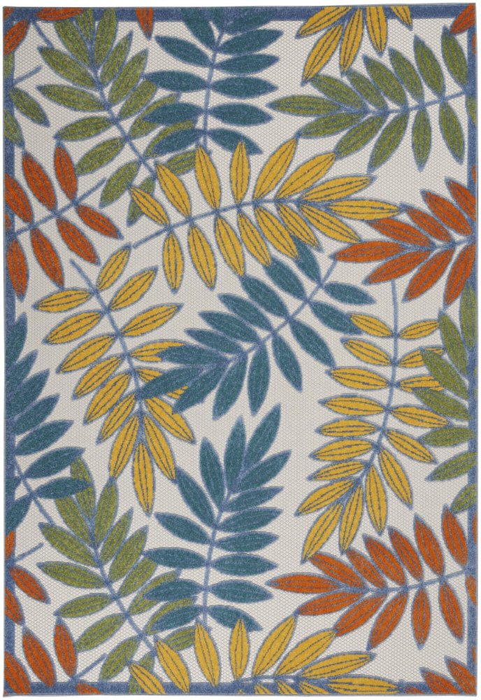 6' X 9' Ivory Blue Orange And Green Botanical Leaves Indoor Outdoor Area Rug — view 8