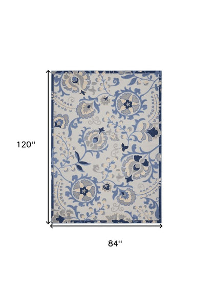 7' X 10' Blue Gray And Navy Blue Floral Indoor Outdoor Area Rug HomeRoots