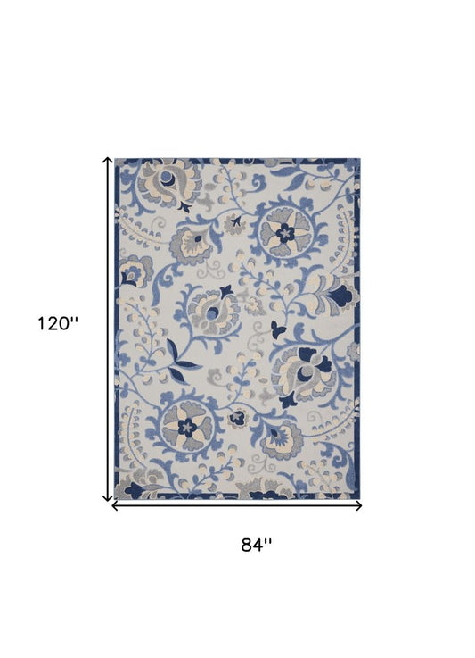 7' X 10' Blue Gray And Navy Blue Floral Indoor Outdoor Area Rug