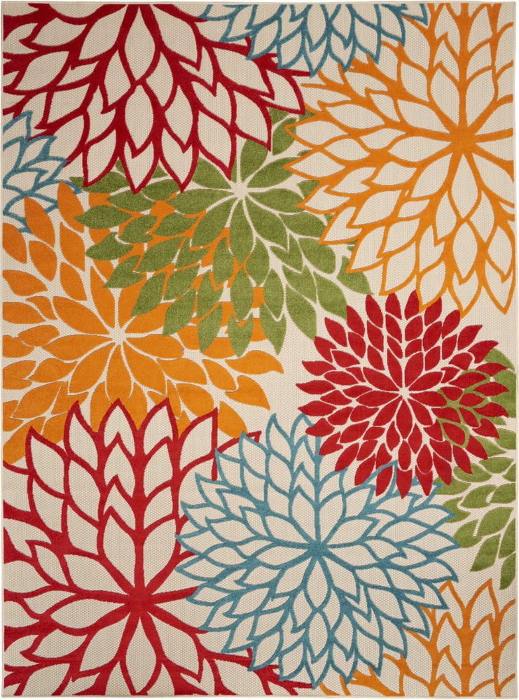 7' X 10' Ivory Green Blue Orange And Red Floral Indoor Outdoor Area Rug