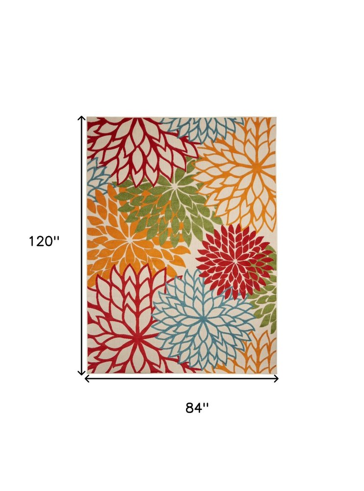 7' X 10' Ivory Green Blue Orange And Red Floral Indoor Outdoor Area Rug