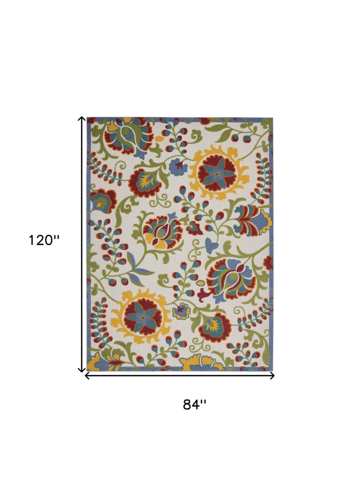 7' X 10' Ivory Green Red And Yellow Floral Indoor Outdoor Area Rug — view 1