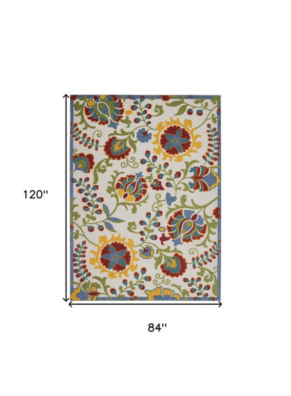7' X 10' Ivory Green Red And Yellow Floral Indoor Outdoor Area Rug HomeRoots