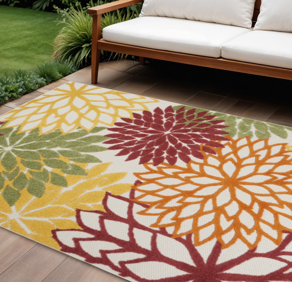 7' X 10' Red Ivory Yellow And Orange Floral Indoor Outdoor Area Rug HomeRoots