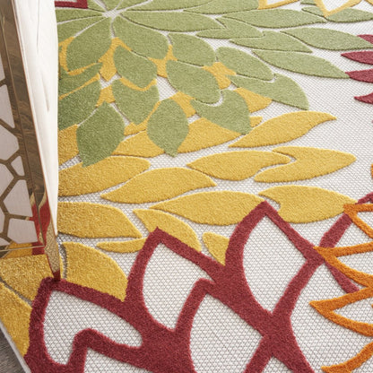 7' X 10' Red Ivory Yellow And Orange Floral Indoor Outdoor Area Rug