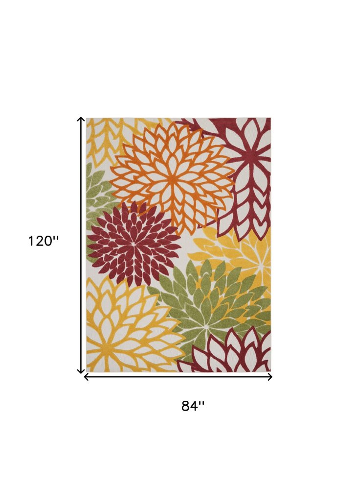 7' X 10' Red Ivory Yellow And Orange Floral Indoor Outdoor Area Rug — view 1