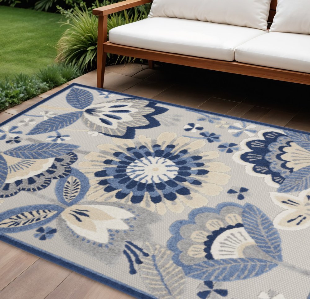 8' X 11' Blue And Gray Floral Indoor Outdoor Area Rug HomeRoots