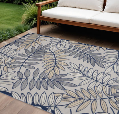 5' X 8' Navy Blue And Ivory Botanical Leaves Indoor Outdoor Area Rug HomeRoots