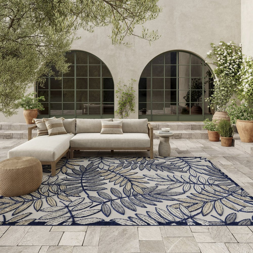 5' X 8' Navy Blue And Ivory Botanical Leaves Indoor Outdoor Area Rug — view 21