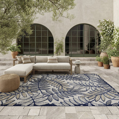 5' X 8' Navy Blue And Ivory Botanical Leaves Indoor Outdoor Area Rug HomeRoots