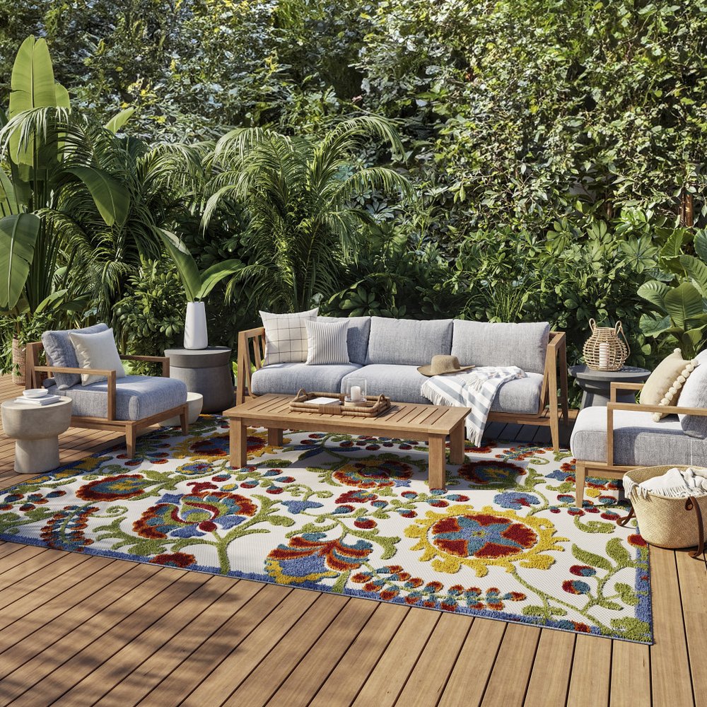 8' X 11' Green Red Ivory And Yellow Floral Indoor Outdoor Area Rug — view 9