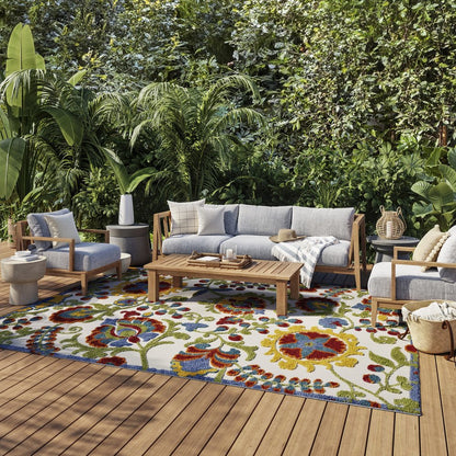 8' X 11' Green Red Ivory And Yellow Floral Indoor Outdoor Area Rug HomeRoots