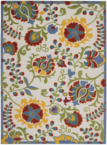 8' X 11' Green Red Ivory And Yellow Floral Indoor Outdoor Area Rug HomeRoots