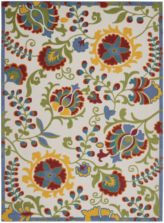 8' X 11' Green Red Ivory And Yellow Floral Indoor Outdoor Area Rug