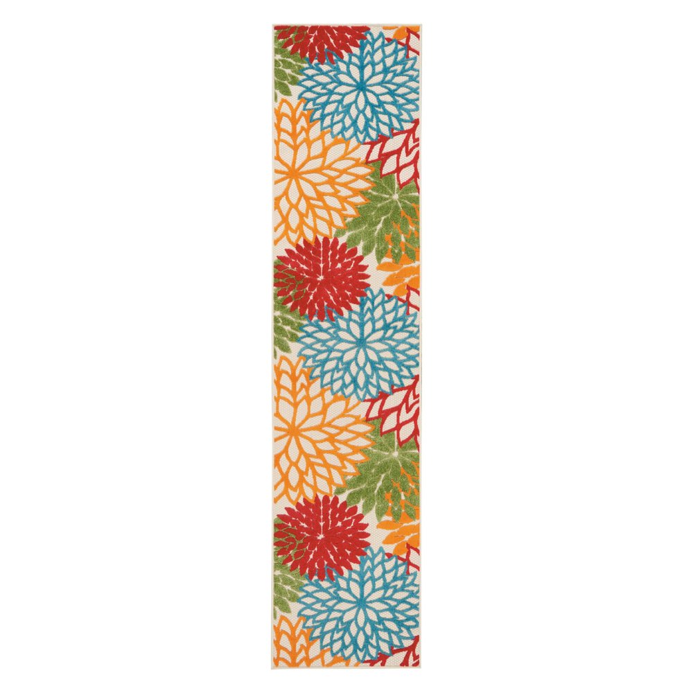 12' Ivory Green Blue Red And Orange Floral Indoor Outdoor Runner Rug — view 8