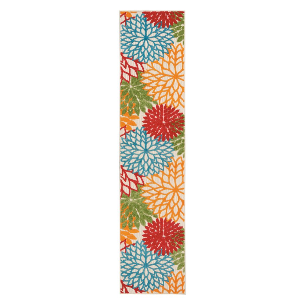 12' Ivory Green Blue Red And Orange Floral Indoor Outdoor Runner Rug