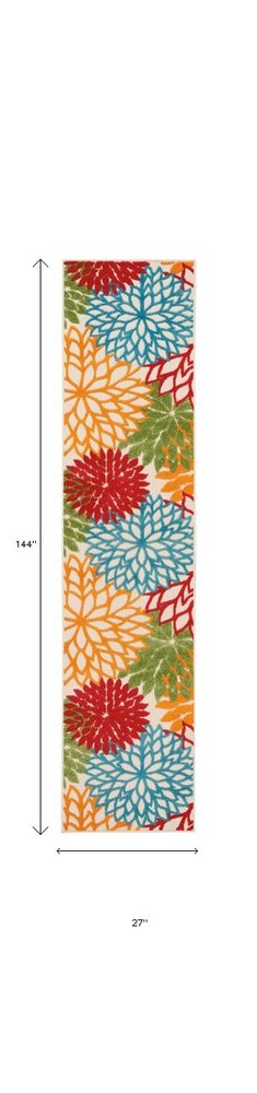 12' Ivory Green Blue Red And Orange Floral Indoor Outdoor Runner Rug — view 1