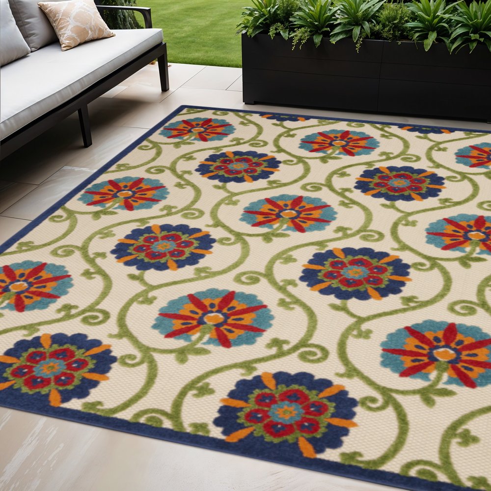 5' X 8' Navy Blue Beige Green Blue And Red Floral Indoor Outdoor Area Rug — view 19