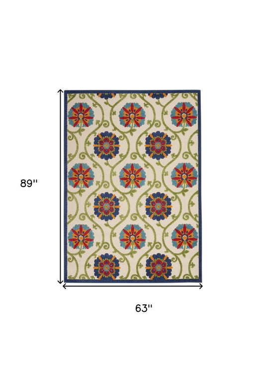 5' X 8' Navy Blue Beige Green Blue And Red Floral Indoor Outdoor Area Rug