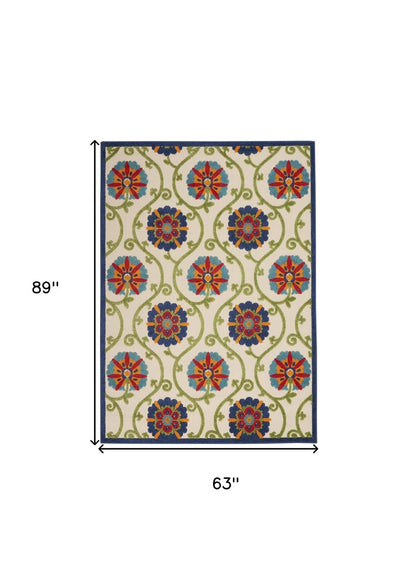 5' X 8' Navy Blue Beige Green Blue And Red Floral Indoor Outdoor Area Rug HomeRoots