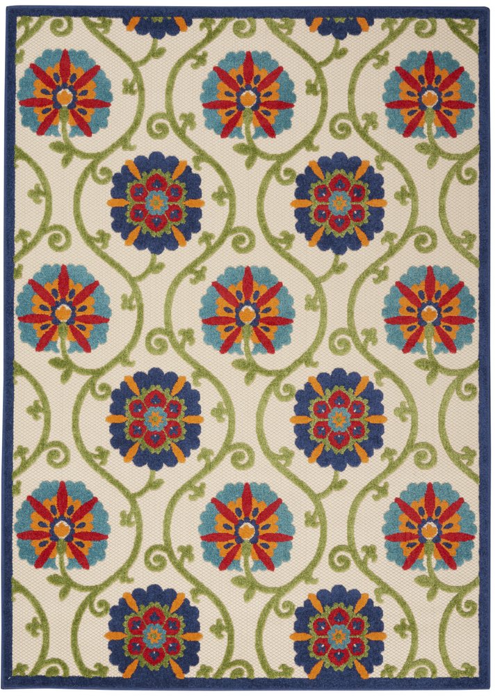 8' X 11' Navy Blue Beige Green Blue And Red Floral Indoor Outdoor Area Rug HomeRoots