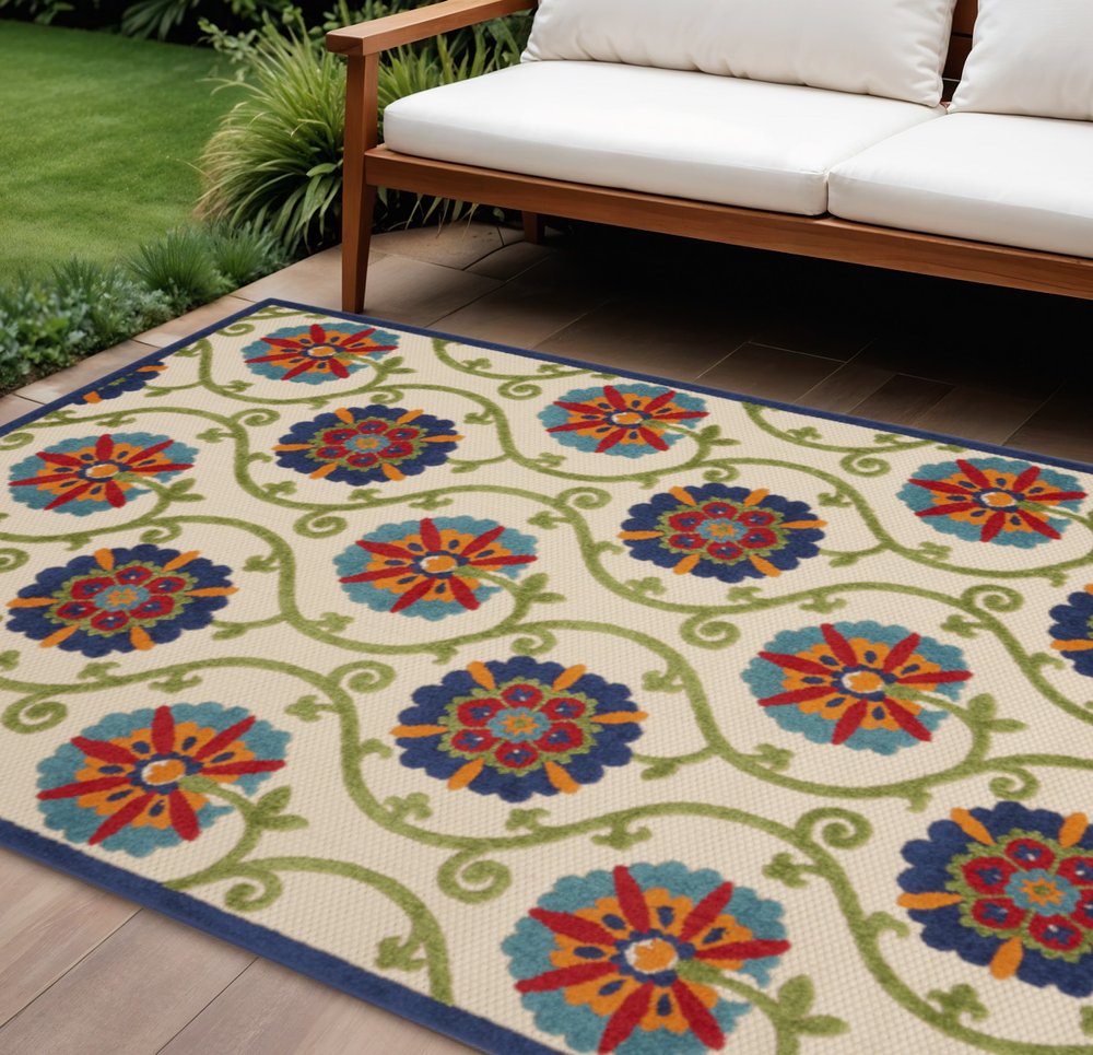 8' X 11' Navy Blue Beige Green Blue And Red Floral Indoor Outdoor Area Rug HomeRoots