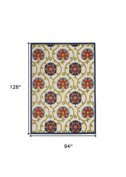 8' X 11' Navy Blue Beige Green Blue And Red Floral Indoor Outdoor Area Rug HomeRoots