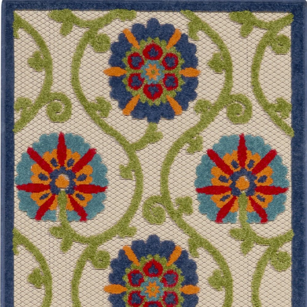 10' Navy Blue Beige Green Blue And Red Floral Indoor Outdoor Runner Rug — view 2