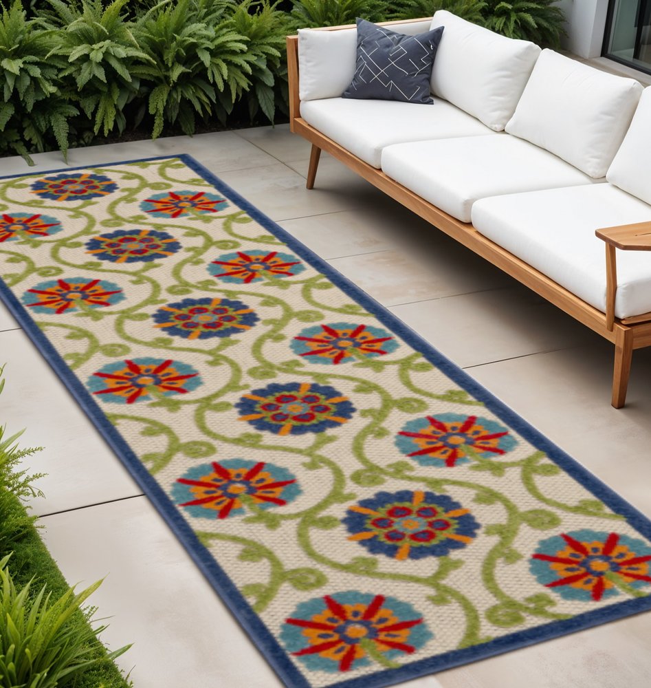 10' Navy Blue Beige Green Blue And Red Floral Indoor Outdoor Runner Rug — view 5