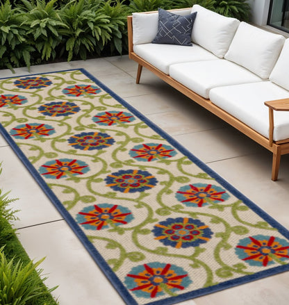 10' Navy Blue Beige Green Blue And Red Floral Indoor Outdoor Runner Rug HomeRoots