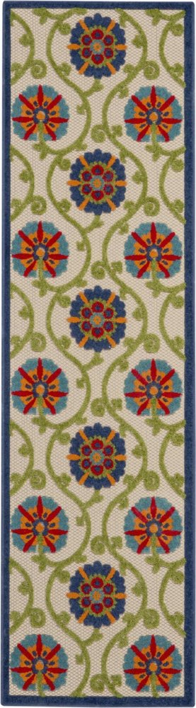 10' Navy Blue Beige Green Blue And Red Floral Indoor Outdoor Runner Rug — view 12