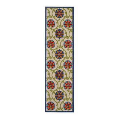 10' Navy Blue Beige Green Blue And Red Floral Indoor Outdoor Runner Rug