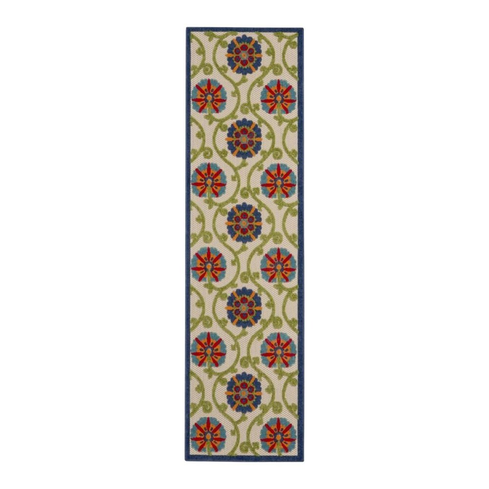 10' Navy Blue Beige Green Blue And Red Floral Indoor Outdoor Runner Rug — view 13