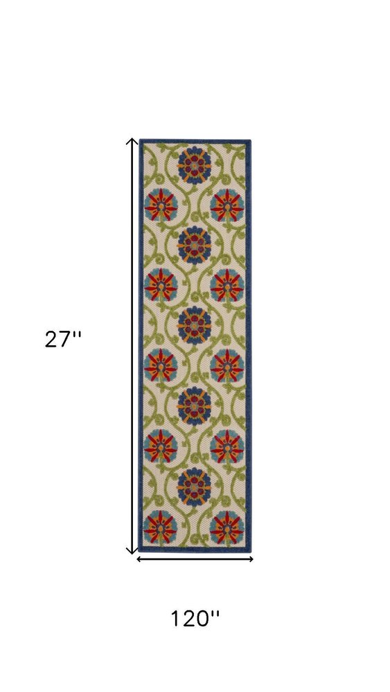 10' Navy Blue Beige Green Blue And Red Floral Indoor Outdoor Runner Rug HomeRoots