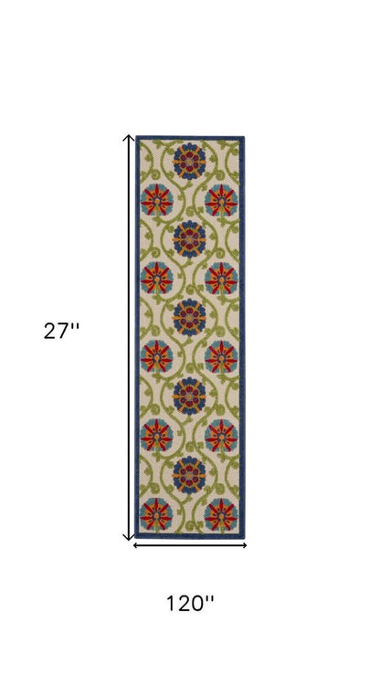 10' Navy Blue Beige Green Blue And Red Floral Indoor Outdoor Runner Rug HomeRoots