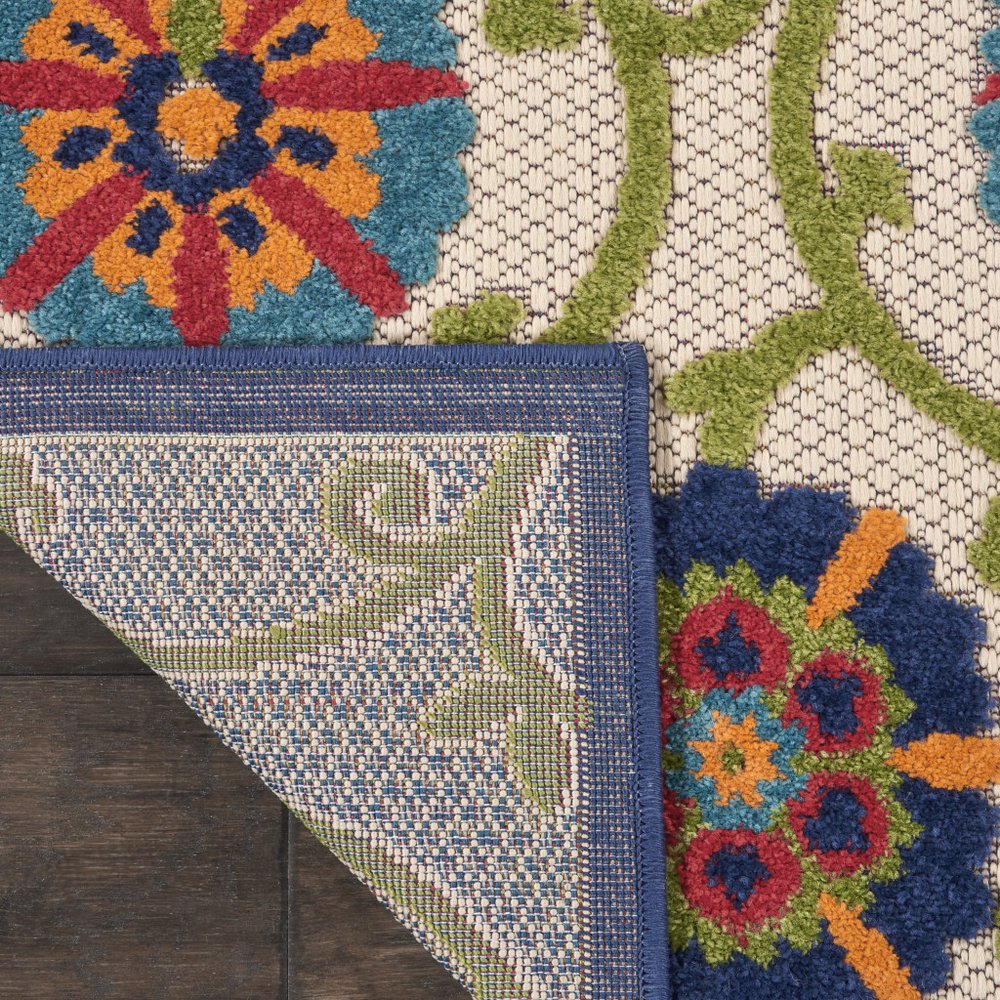10' Navy Blue Beige Green Blue And Red Floral Indoor Outdoor Runner Rug — view 6