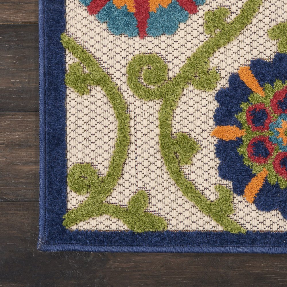 10' Navy Blue Beige Green Blue And Red Floral Indoor Outdoor Runner Rug HomeRoots
