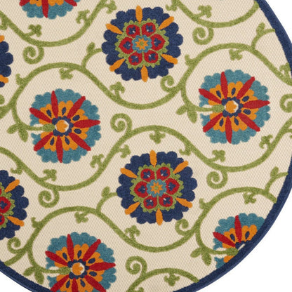 4' Navy Blue Beige Green Blue And Red Round Floral Indoor Outdoor Area Rug HomeRoots