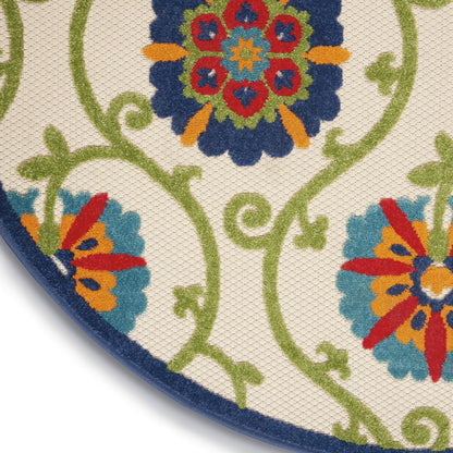 4' Navy Blue Beige Green Blue And Red Round Floral Indoor Outdoor Area Rug HomeRoots